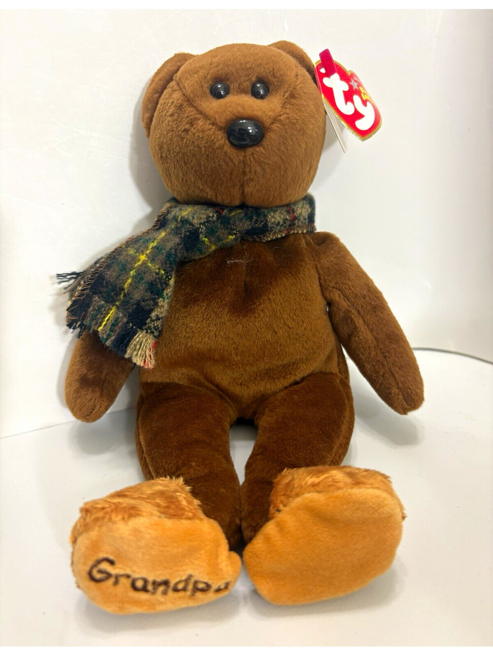 Ty Beanie Babies Grampa "Gramps" Brown Teddy Bear Plush w/ Plaid Scarf 2005